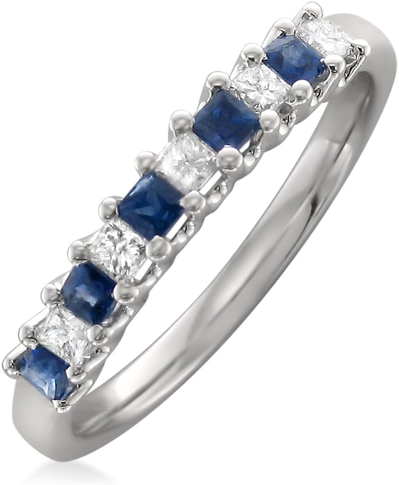 Prong-Set 1/2 CT Princess Cut Natural Diamond & Blue Sapphire Wedding Band (H-I, I1-I2) in 14K White Gold | Fine Jewelry for Women Girls | Gift Box Included