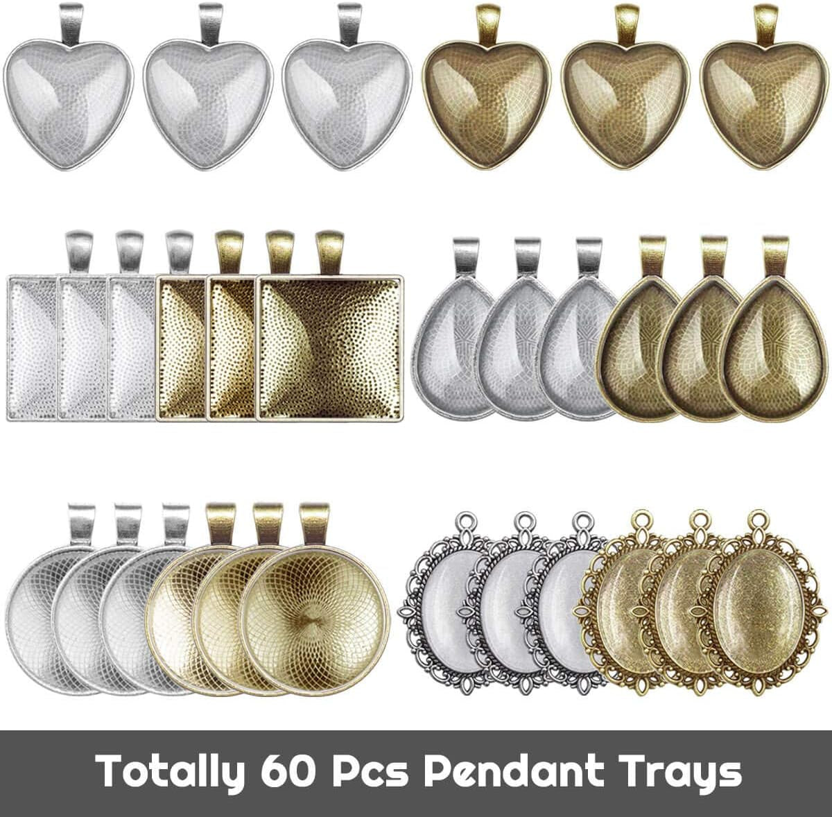 60Pcs Pendant Trays, Bezel Pendant Trays Blanks with Glass Cabochons for Pendants Making and Jewelry Making, 5 Styles