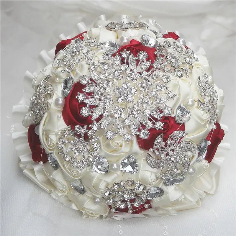 Bride Wedding Bouquet Ivory Gold Rose Flower Crystal Brooch Bouquet Flowers Diameter 18CM