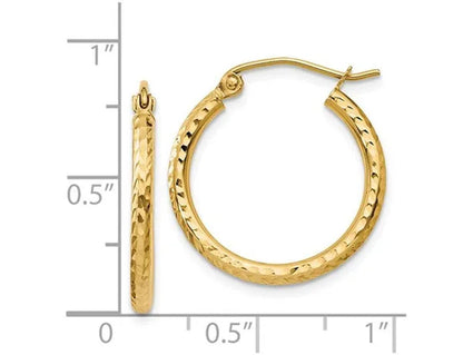 14K Yellow Gold Small Diamond Cut Hoop Earrings 3/4 Inch (2.00 mm)