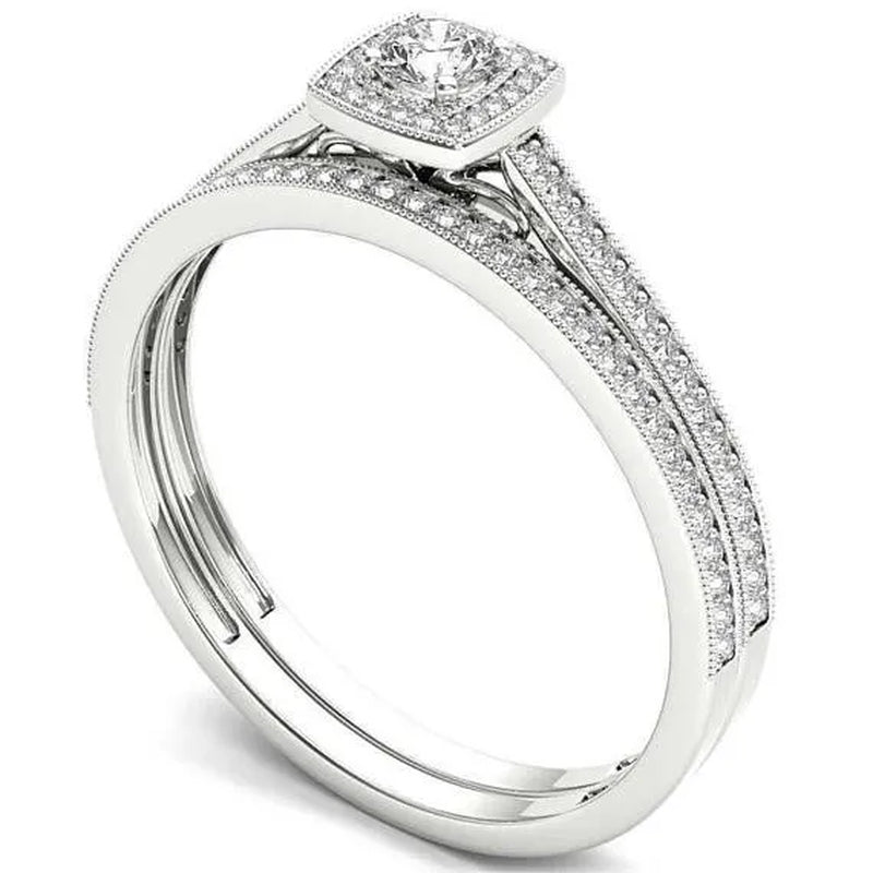 Two sets of simple fashionable 925 standard Silver White Diamond Engagement Wedding Love Ring Size 6-10