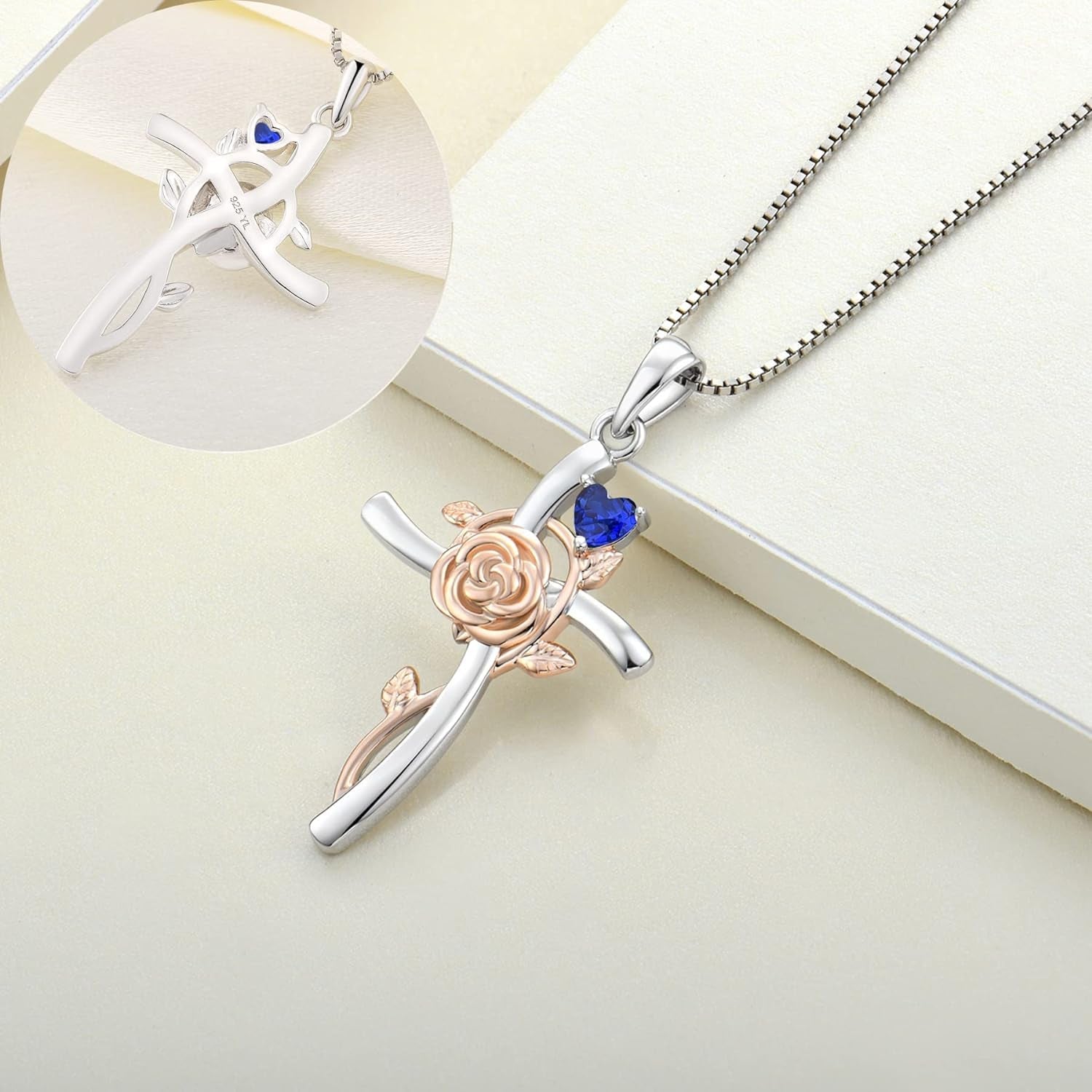 Cross Pendant Necklace 925 Sterling Silver Rose Flower Necklace Gemstones Flower Jewelry for Women