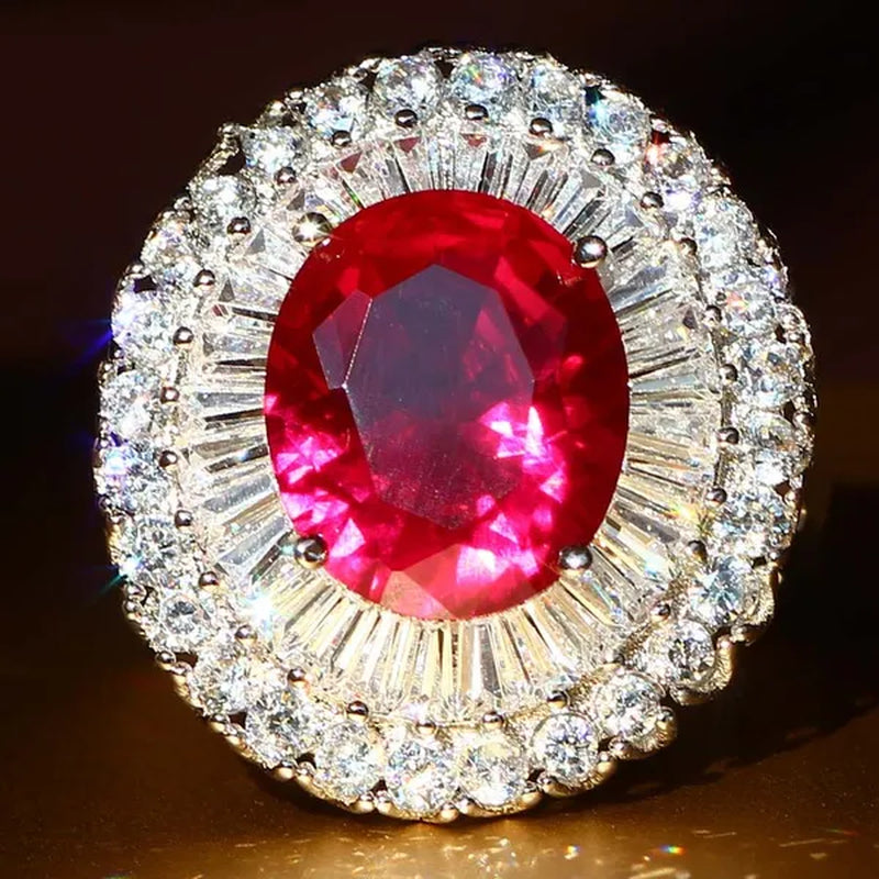 Huge  Silver Ruby & White Sapphire Birthstone Gemstones Engagement Wedding Anniversary Flower Ring