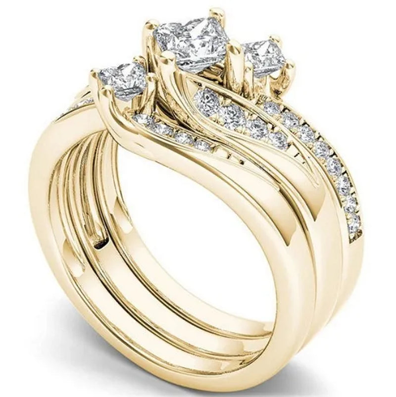 3 Pcs/Set Exquisite Fashion 925 Sterling Silver Natural White Sapphire and Diamond Ring Set Anniversary Gift Bridal Engagement Wedding Jewelry Set Ring Size 5-11 (3 Style Silver, Gold, Rose Gold)