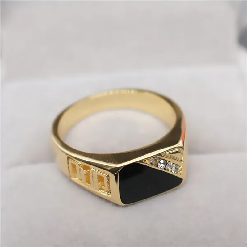 Fashion Male Jewelry Classic Gold Color White Sapphire Diamond CZ Wedding Ring Black Enamel Agate Rings for Men Christmas Party Gift Size 7 8 9 10 11 12