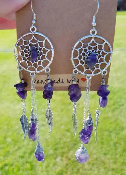 Sterling Silver Raw Amethyst Dream Catcher drop Earrings. Dream catcher dangle earrings