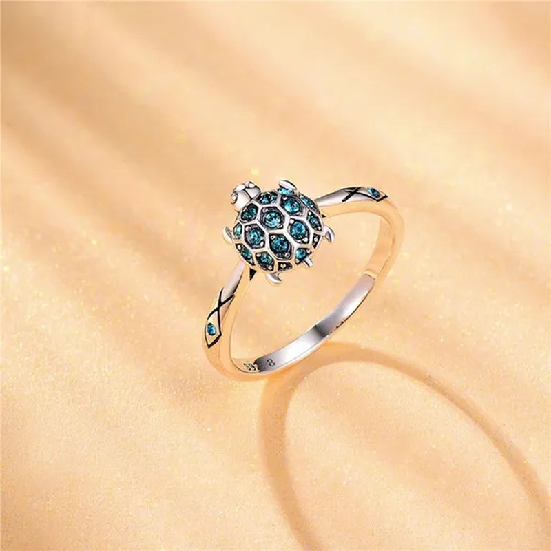 S925 Sterling Silver Lovely Turtle Sky Blue Clear Crystal Ring for Women'S Jewelry Best Gift For