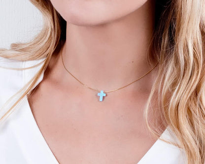 Opal Cross Choker Necklace – Thin Chain, Gold Filled or Silver, Blue or White, 13.5–16.5”