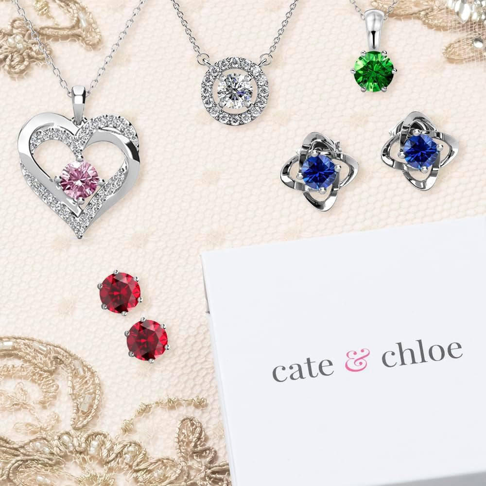 Royal 18K White Gold Plated Birthstone Necklace for Women, Silver round Cut Halo Crystal Necklace with Simluated Diamond Crystals, Jewelry for Women