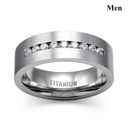 YOHAPP NEW Fashion Couple Rings Set Jewelry - Men's 8mm 316L Stainless Steel Titanium Ring and Women's Three Stone Princess Cut 1CT Diamond   Silver  Bridal Wedding Engagement Band Ring