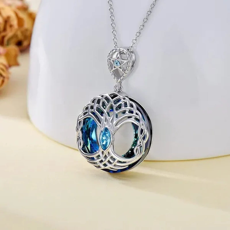 European and American Fashion Women Celtic Life Tree Crystal Pendant Necklace 925 Sterling Silver Star Round Sapphire Necklace Anniversary Party Birthday Gifts for Daughte