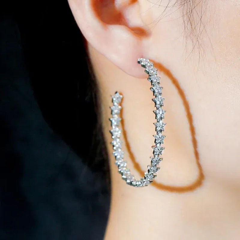 Gloriya Glitter Star CZ Oversize Circle Loop Earring High Quality Gold / Silver Plated Big Round Hoop Earrings for Women Statement Jewelry Brincos