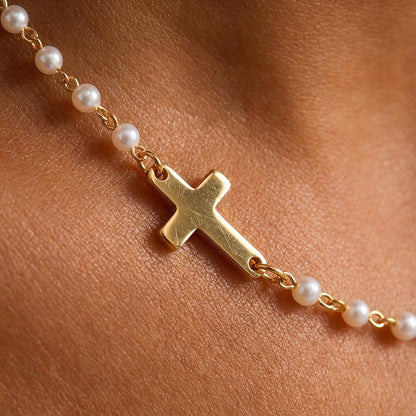 Pearl Cross Necklace for Women – 14K Gold Plated Faith Religious Jewelry