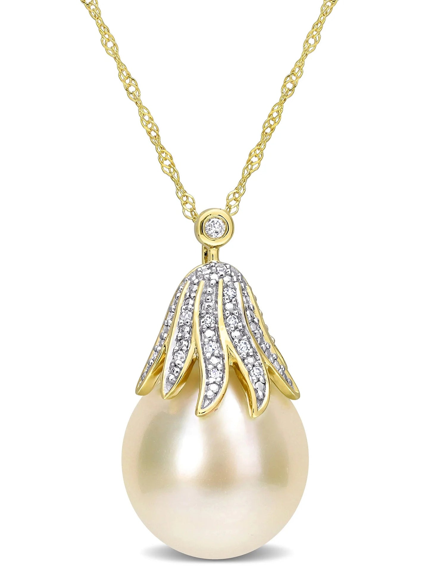 10-11Mm South Sea Cultured Freshwater Pearl and Diamond Accent 14Kt Yellow Gold Leaf Crown Drop Pendant with Chain