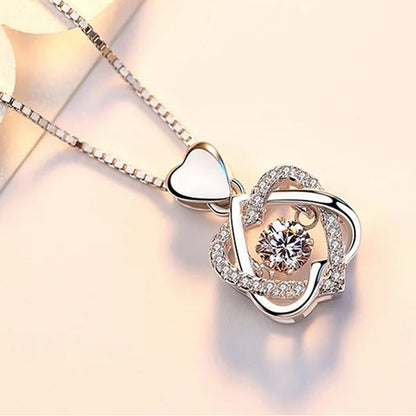 Fashion Romantic Double Heart Diamond Heartbeat Necklace Sapphire Flower Pendant Necklace with Zircon Rose Necklace for Women Engagement Jewelry