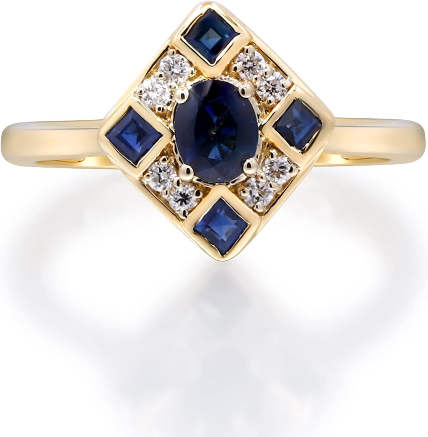 10K Yellow Gold Genuine Blue Sapphire Ring with Diamonds for Women | Ethically, Authentically & Organically Sourced (Oval-Cut) Shaped Sapphire Hand-Crafted Jewelry for Her | Sapphire Ring for Women
