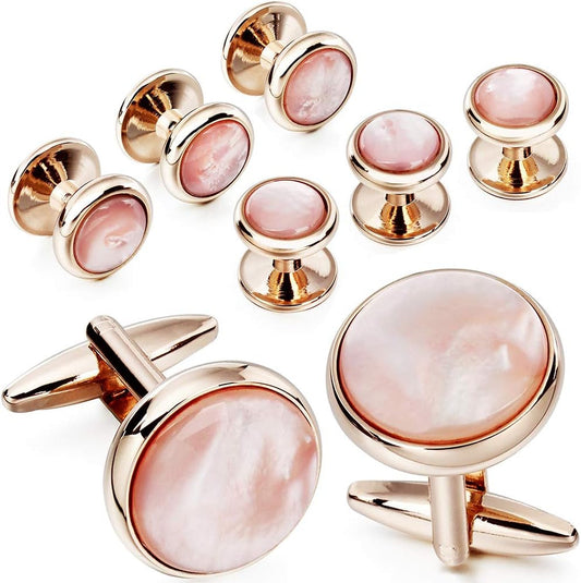 Cufflinks and Tuxedo Studs Set for Men with Gift Box, Rose Gold Tone Mother-Of-Pearl Cuff Links for French Cuff Shirt and Dress Shirt, Suitable for Wedding, Birthday, Party, Anniversary