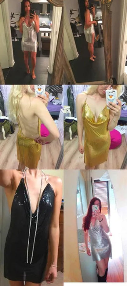 Club Women Party Dress Kendall Jenner Metal Mesh Spaghetti Strap Sheath Draped Hollow Out Spark Diamonds Neck Halter