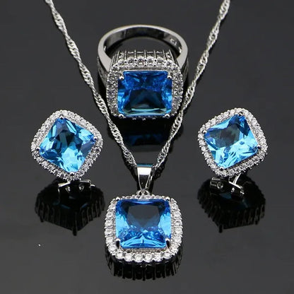 Sky Blue Sapphire White Topaz 925 Silver Jewelry Sets Earrings Pendant Necklace Ring Bracelet for Women Wedding