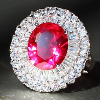 Luxurious  Silver Natural Gemstones Ruby And White Sapphire Wedding Birthstone Bride Engagement Multilevel Square Ring Jewelry Size 6 7 8 9 10