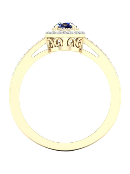 Gemstone 10K Yellow Gold Pear Blue Sapphire 1/8 CT TW Diamond Halo Women'S Ring