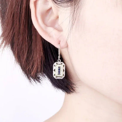 Retro 925 Sterling Silver Blue Sapphire Gemstone Newshe Drop Dangle Earrings Art Deco-style White Cubic Zirconia Leverback Earrings CZ Charm Woman Jewelry Gift