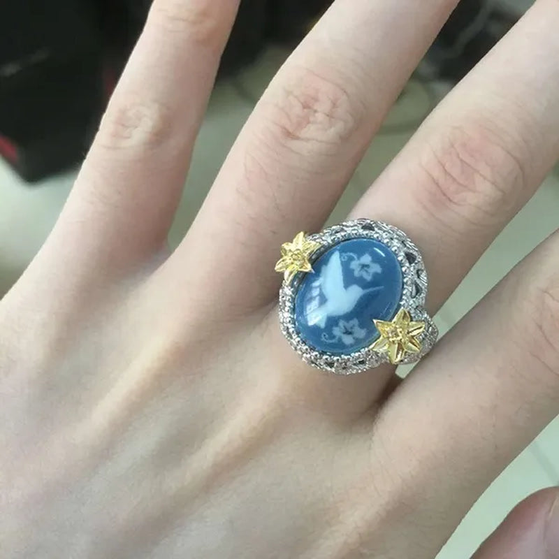 Exquisite Bridal Ring White Bird Pigeon Dove Blue Wax Zircon Jewelry Flower Exaggerated Engagement Cocktail Party Wedding Band Rings for Women