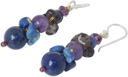 Artisan Handcrafted Lapis Lazuli Amethyst Beaded Earrings | Quartz Earrings Dangling | Multicolor Long Earrings | Natural Gemstone Earrings | Chalcedony Earrings for Women | Thailand