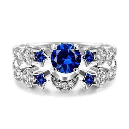 Romantic Moon and Stars Engagement Ring Set 925 Sterling Silver CZ Blue Sapphire Diamond Promise Rings Fashion Cocktail Party Jewelry Bridal Wedding Band Size 6-10