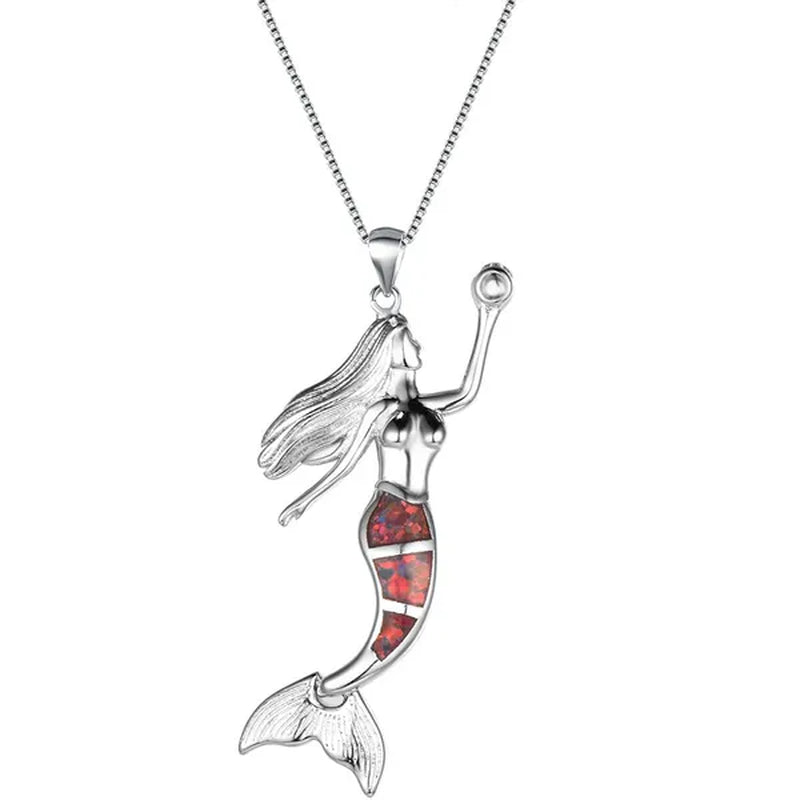 Heat! New Fashion Mermaid Fire Opal 925 Silver Pendant Necklace Bridal Personality Glamour Wedding Jewelry  5 colors