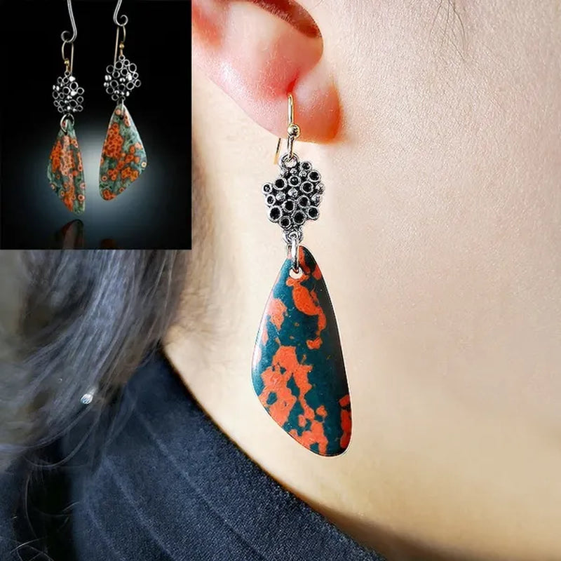 1 Pair Antique 925 Sterling Silver Pendant Earrings Natural Gemstone Inlay Dangle Earrings Bridal Engagement Wedding Anniversary Gift Bohemian Style Earrings