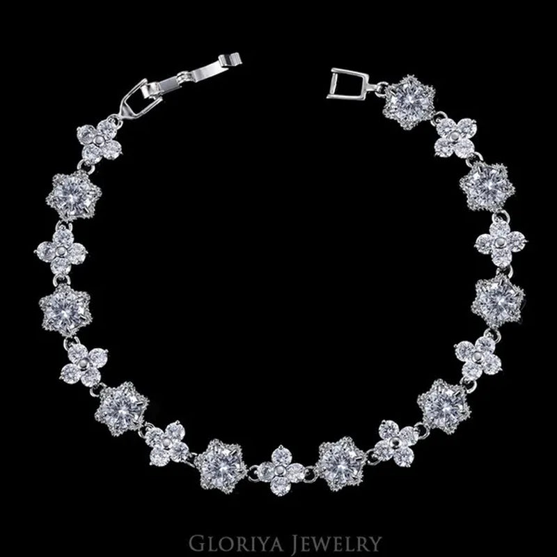 Gloriya Elegant Goddess Silver Plated Link Bracelet Cluster Flower Shape White and Blue AAA Grade Zircon Charm Tennis Bracelet for Women