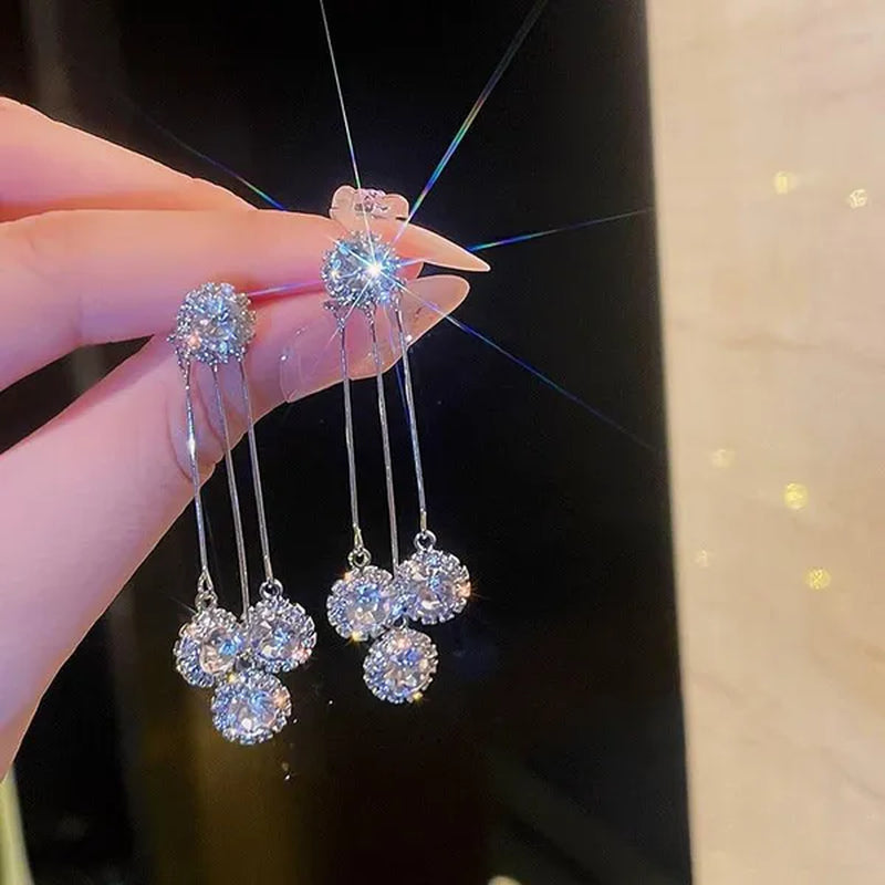 New Luxurious round Rhinestone Tassel Dangle Stud Earrings for Women Shiny Temperament Gold Silver Color Earrings