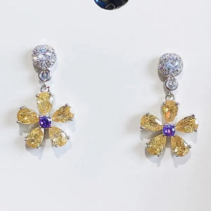 Fashion Bridal Wedding Earrings Jewelry Gifts Silver Plated Lab Diamond Gemstone Citrine Flower Drop Earrings