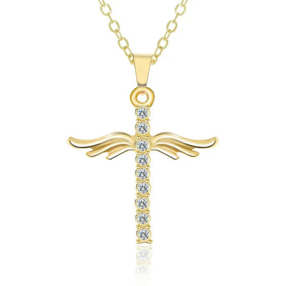 Women's Fashion 18 K Gold Fashion Cross Diamond Pendant Necklace Angel Diamond Necklace
