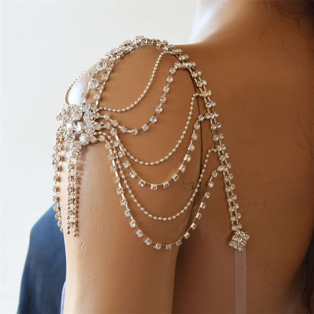 Rhinestones Sexy Shoulder Bra Body Chain Fringe Tassels Body Jewelry Wedding Arm Chain Summer Beach Bikini Shoulder Harness for Women Brides