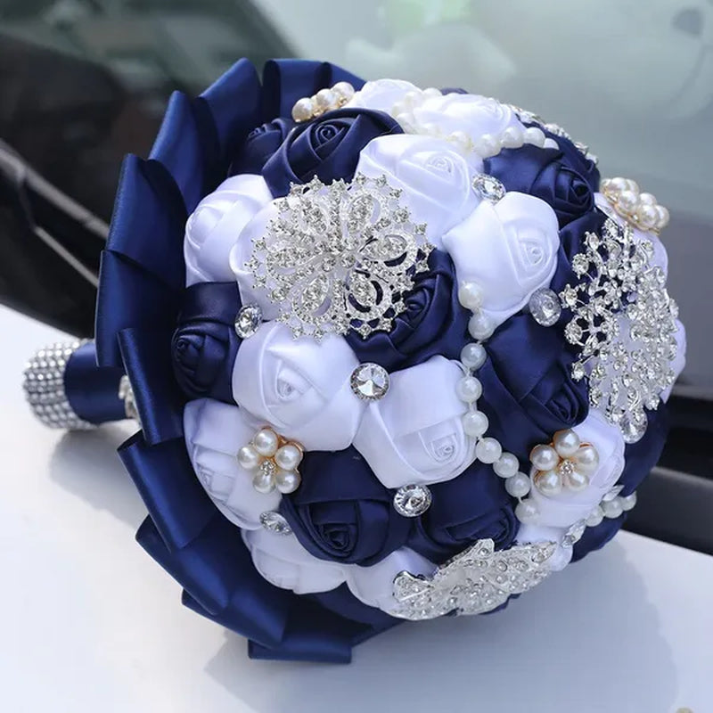 20CM Navy Blue & White Silk Rose Wedding Bouquet Pearl Rhinestone Brooch Bridal Bouquet Ribbon Artificial Flower Creative Holding Flowers