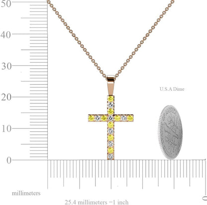 Yellow Sapphire & Natural Diamond (SI2-I1,G-H) Cross Pendant 0.53 Ctw 14K Gold. Included 16 Inches 14K Gold Chain.