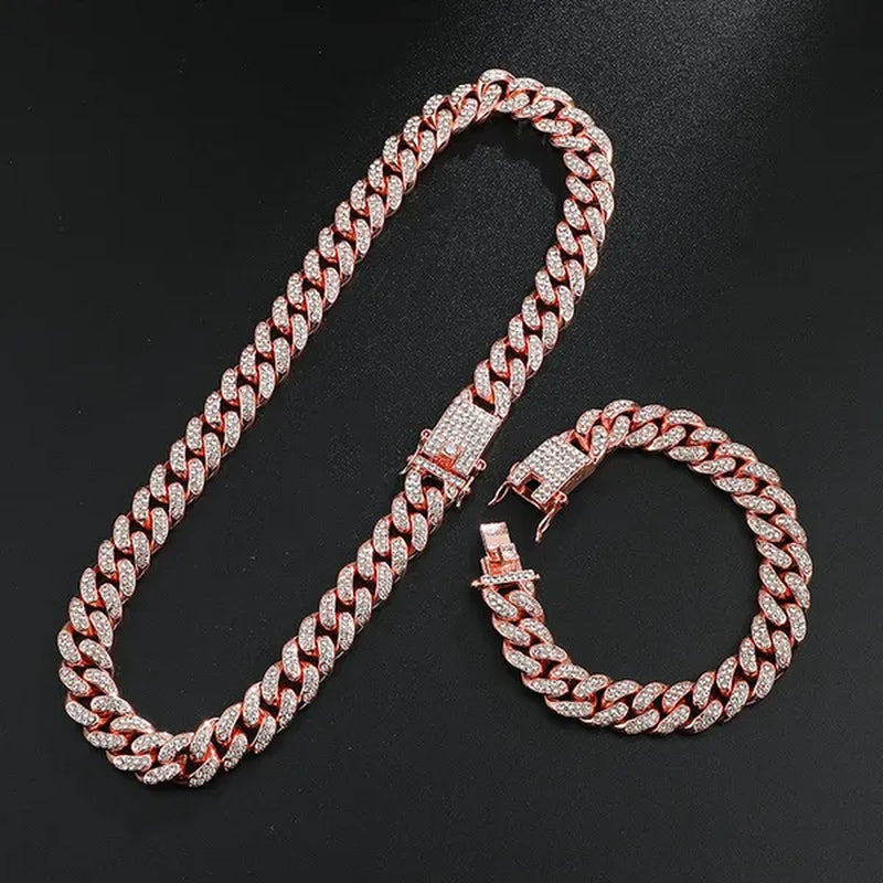 13MM Men's Hip Hop Necklace or Bracelet,Iced Out Bling Rhinestones Miami Cuban Link Chain Necklace Bracelet Set Jewelry Gifts