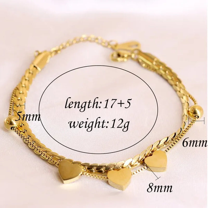 Women's Chain Bracelets 18K Gold Plated Stainless Steel Classic Heart Double Layer Tennis Bracelet Adjustable Bangle for Women