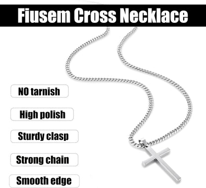 Cross Necklace for Men, Silver Tone/Black/14K Gold Plated Mens Cross Necklaces with 3.5Mm Chain and Stainless Pendant, Cuban Chain 16-24 Inches