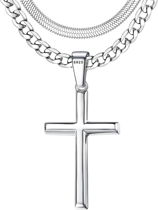 925 Sterling Silver Cross Necklace for Men - Waterproof Layered Sterling Silver Cross Pendant Necklaces Stainless Steel Cuban Link Herringbone Cross Chain Necklace Set Jewelry Gifts 16-30 Inches
