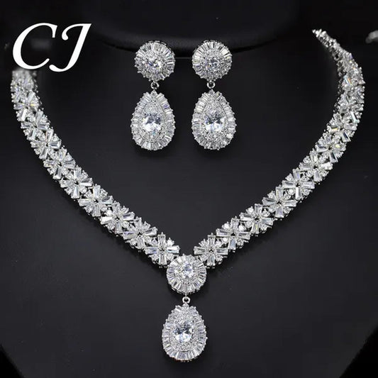 CANDICE Twinkling CZ Stone Setting Luxury Water Drop Pendant Necklace and Earrings Elegant White Gold Plating Jewelry Wedding Set Bridal Accessories for Bride