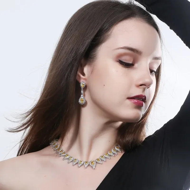 CANDICE White Gold Plating Sparkling Cubic Zirconia Choker Necklace Sets with Dangle Earrings Inlay Crystal Citrine Yellow Stone Evening Party Jewelry Set for Women