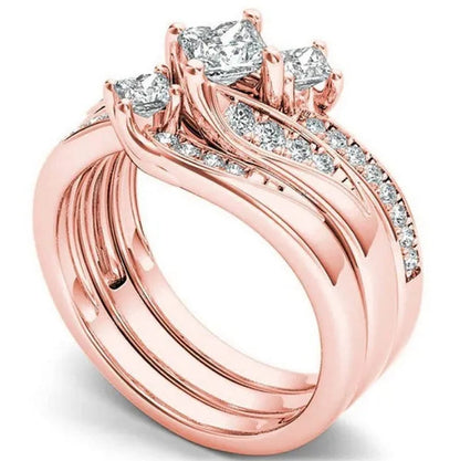 3 Pcs/Set Exquisite Fashion 925 Sterling Silver Natural White Sapphire and Diamond Ring Set Anniversary Gift Bridal Engagement Wedding Jewelry Set Ring Size 5-11 (3 Style Silver, Gold, Rose Gold)