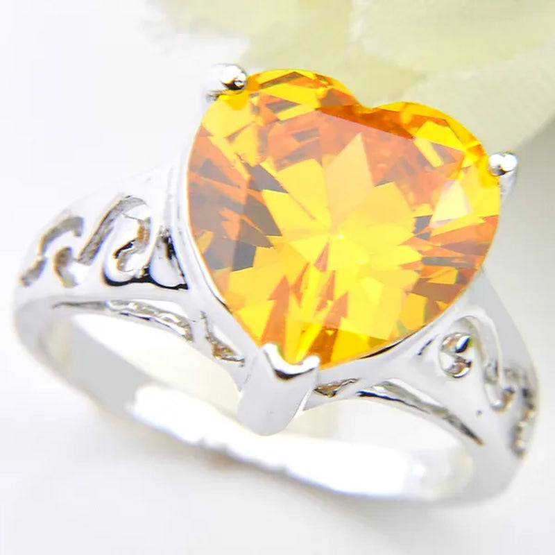 Luckyshine Heart Fire Royal Citrine Gems Silver Rings Earrings Pendants Necklace Jewelry Sets for Valentine'S Day Gift