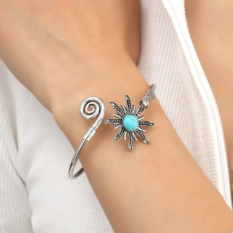 1 Pc Bohemian Turquoise Sunflower Bracelets Creative Sun Pattern Opening Bangle For Women Vintage Party Jewelry