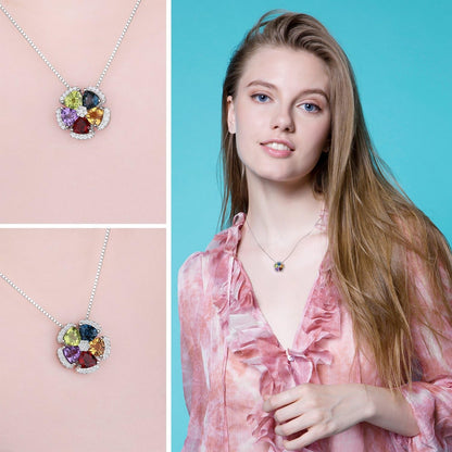 Multicolor Flower 2.6Ct Genuine Amethyst Citrine Garnet Peridot Blue Topaz Pendant Necklaces for Women, 925 Sterling Silver Natural Gemstones Jewelry Sets 18 Inches Chain