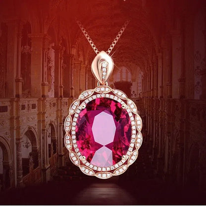 Rose Gold Big Oval Red Crystal Ruby Gemstones Diamonds Pendant Necklaces for Women Vintage Jewelry Choker Chain Bijoux Gifts