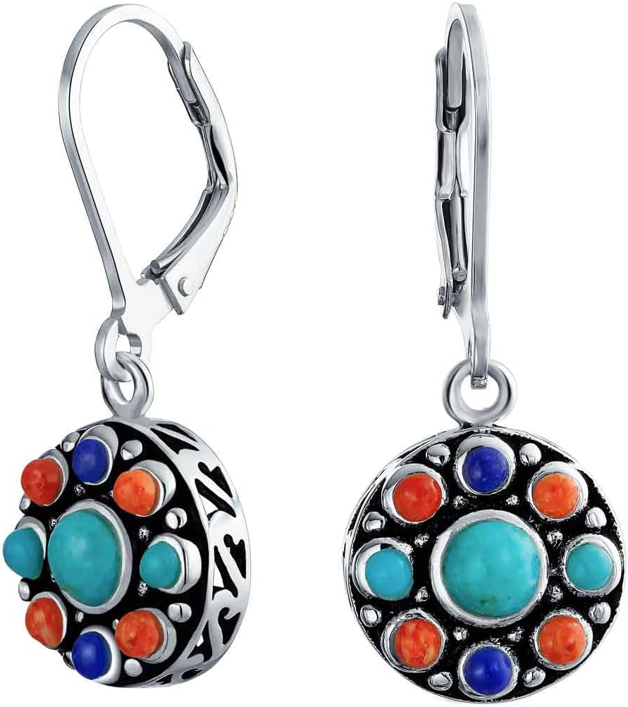 Western Jewelry Multicolor Gemstone Orange Purple Turquoise round Circle Oval Medallion Disc Dangle Earrings for Women Oxidized .925 Sterling Silver Lever Back